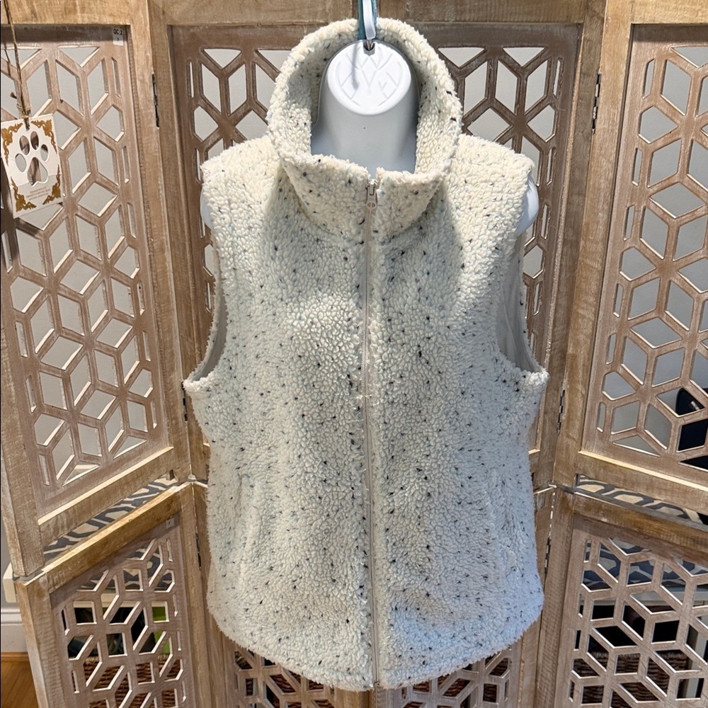 T by Talbots Cozy Off White Sherpa Vest with Funfetti Pattern Side Medium